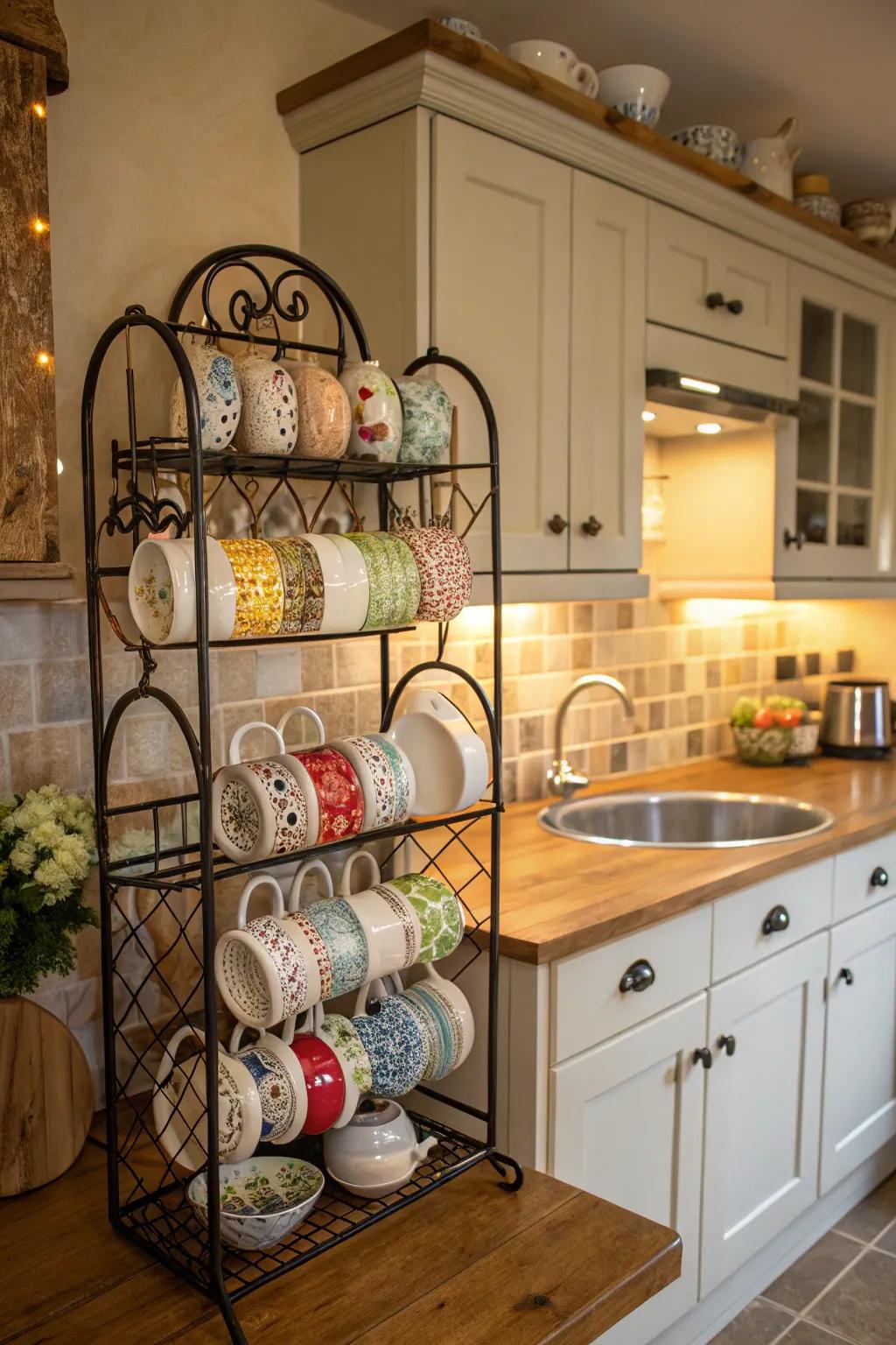 Introduce vintage charm to your kitchen with a repurposed plate rack for mugs.