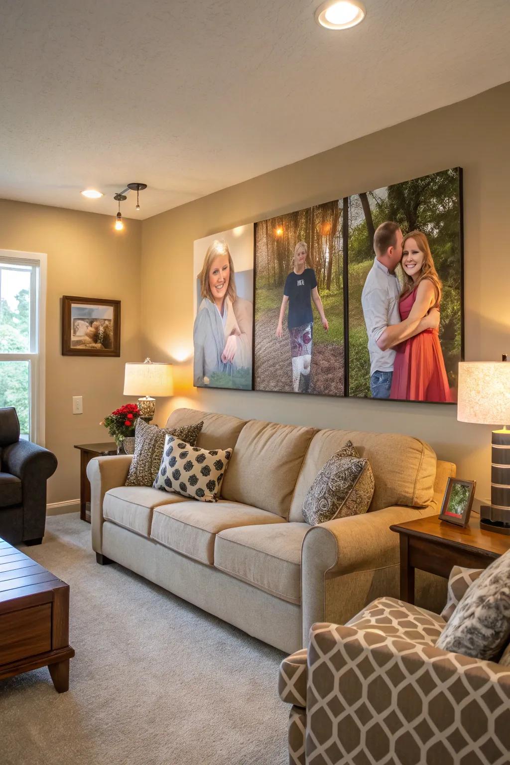 Personalized family portraits diffused across multiple canvases, capturing treasured recollections within the parlor.