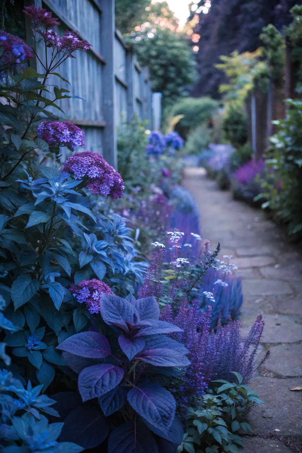 Cool hues impart the optical illusion of greater dimension within a slender garden.
