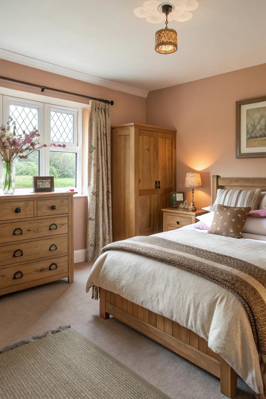 Wood tones match painted walls nicely.