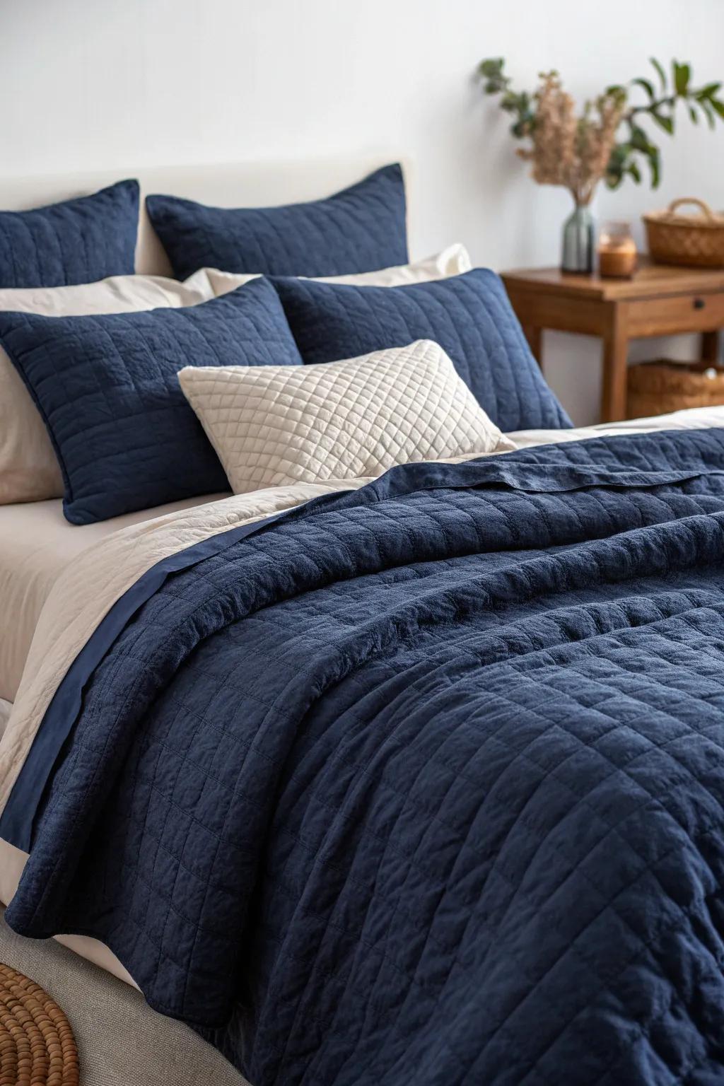 Textured navy bedding for inviting tactile appeal.