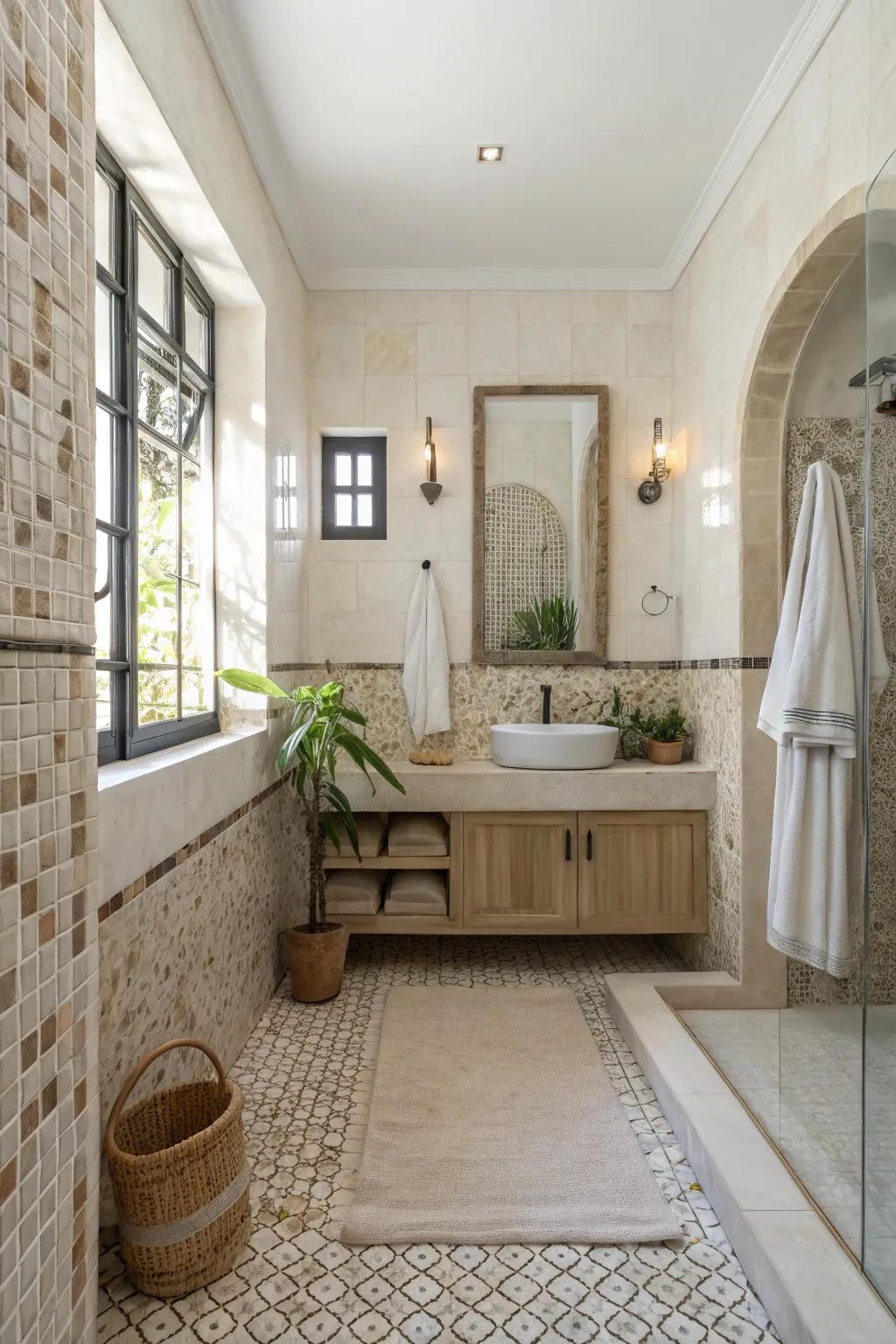Neutral tessellated designs add a unique twist to the bathroom.