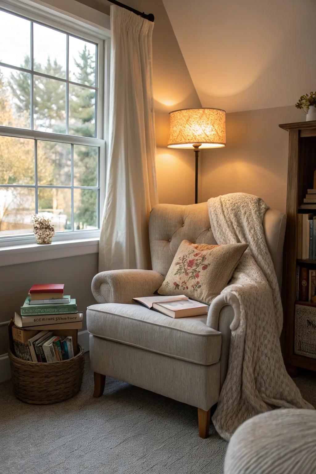 A reading alcove delivers a personal refuge within the bedroom.