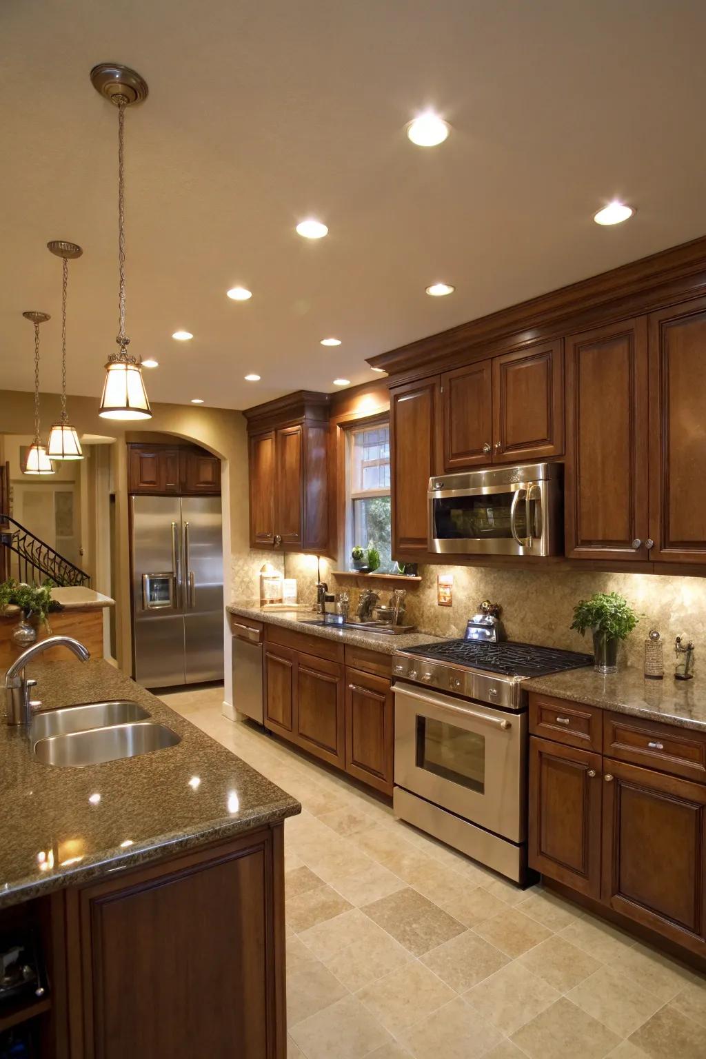 Layered lighting enhances warmth and texture in the kitchen.