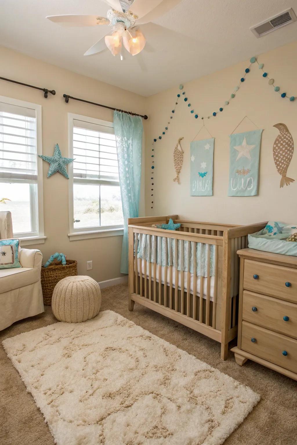 A nursery featuring calming maritime tones.