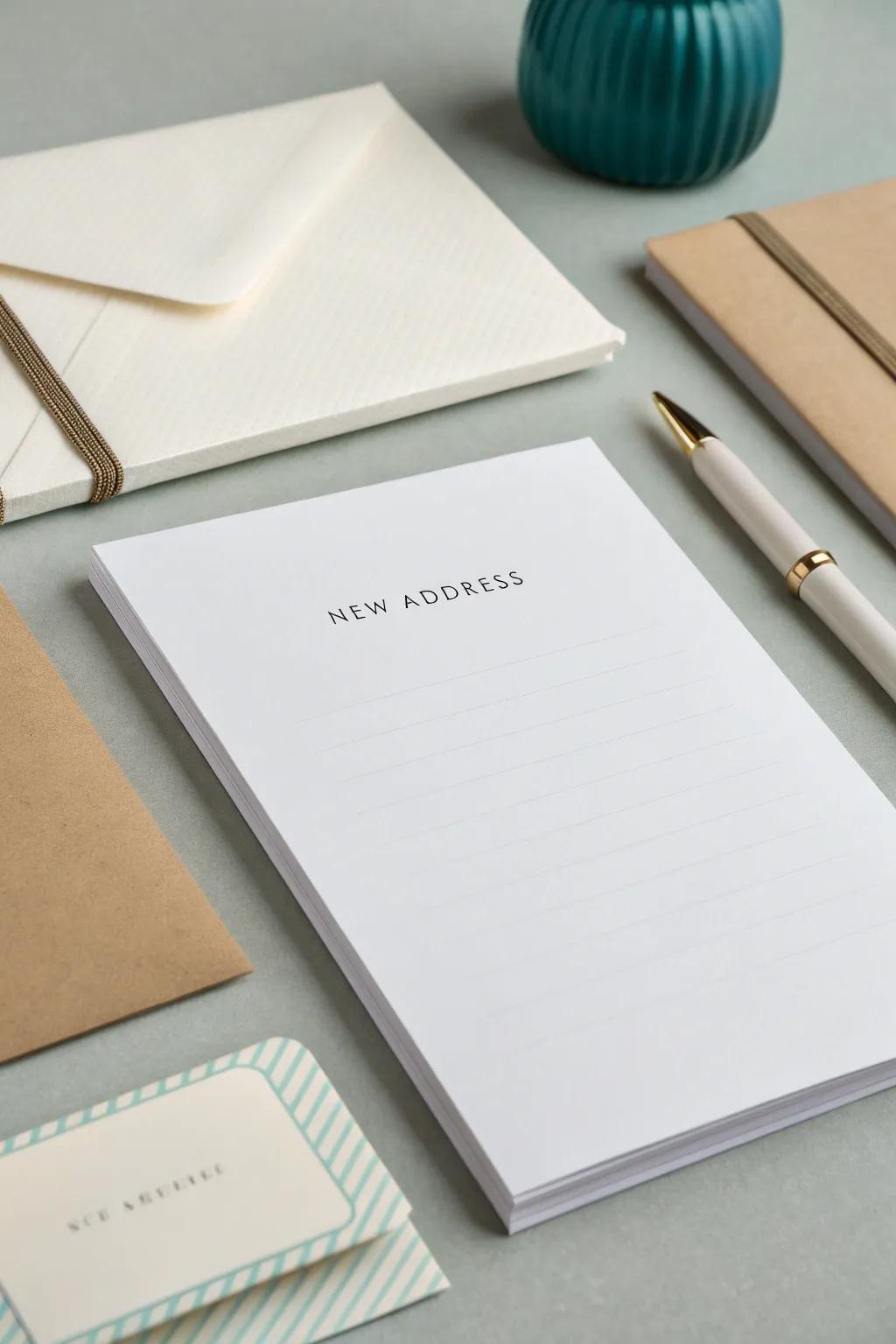 Customized stationery elegantly announces a new address.