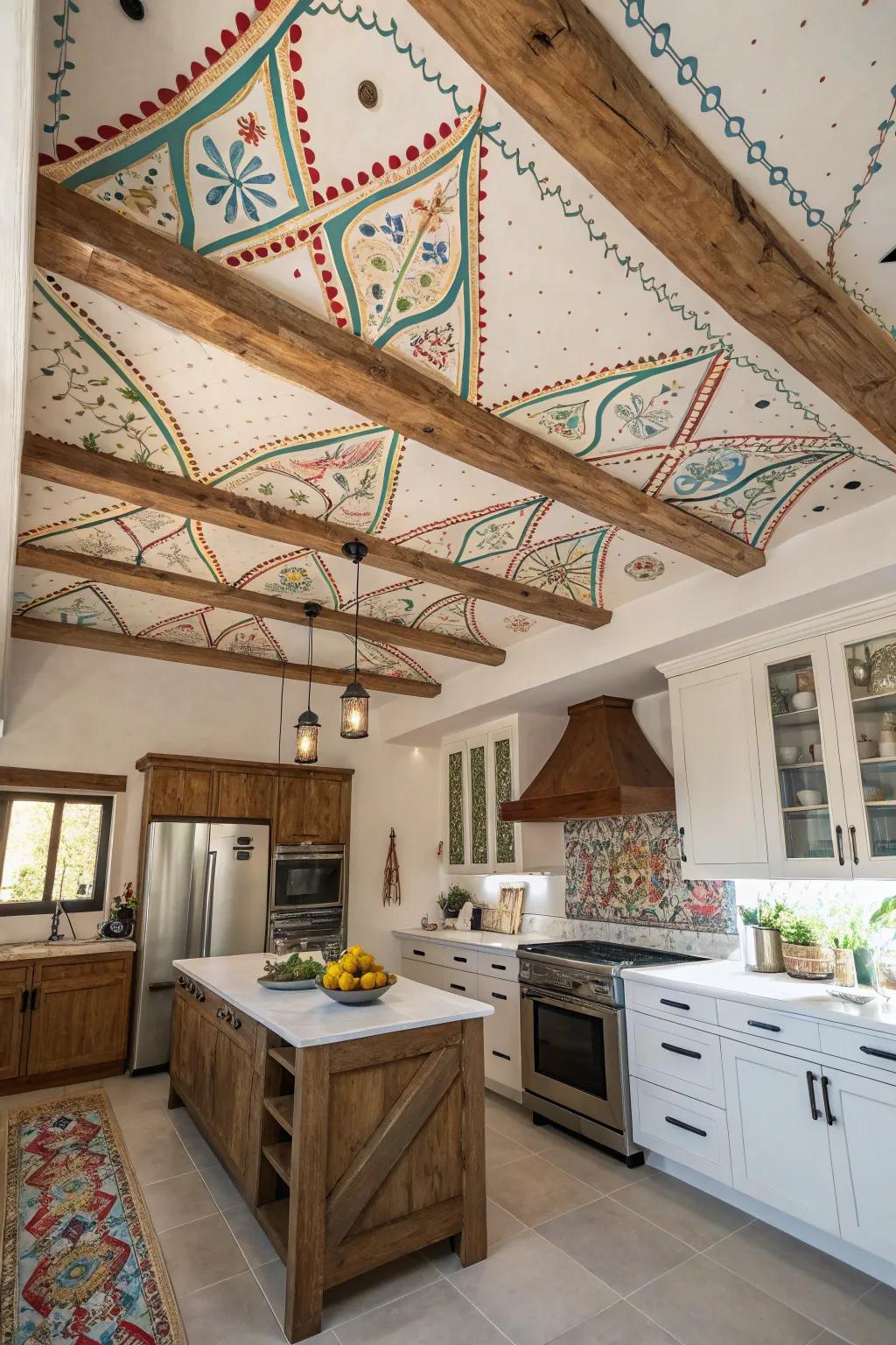 A cooking area that includes a dynamic ceiling pattern.