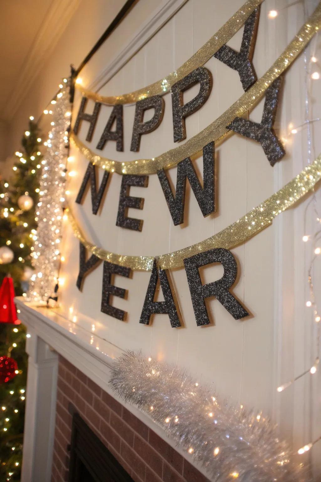 A shimmering script wreath adding sparkle and personalization to your New Year's celebration.