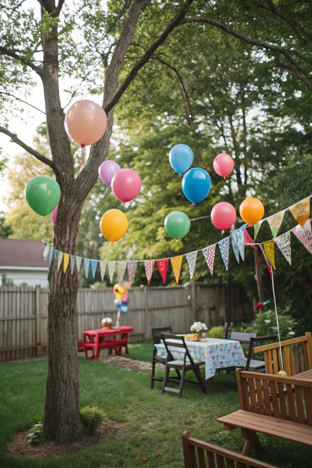 Air filled decorations and banners create a festive and joyful atmosphere.