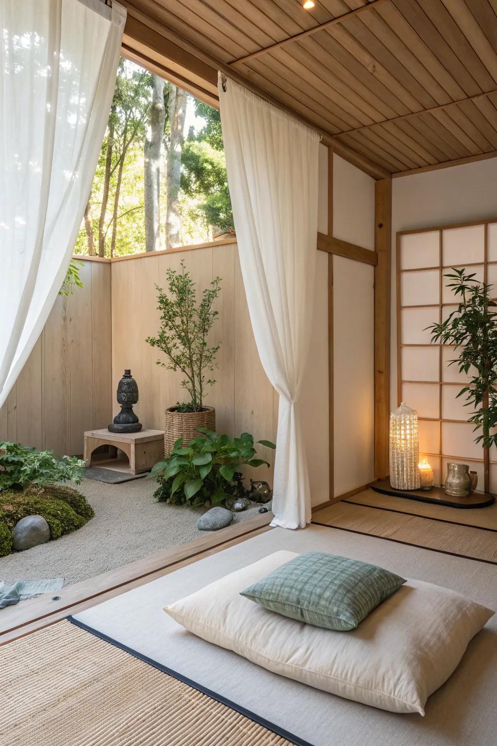 Find peace and balance in a Zen meditation nook designed for relaxation.