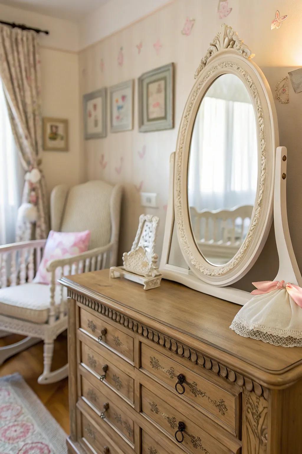 A vintage reflector adds class and a sense of history to this nursery.