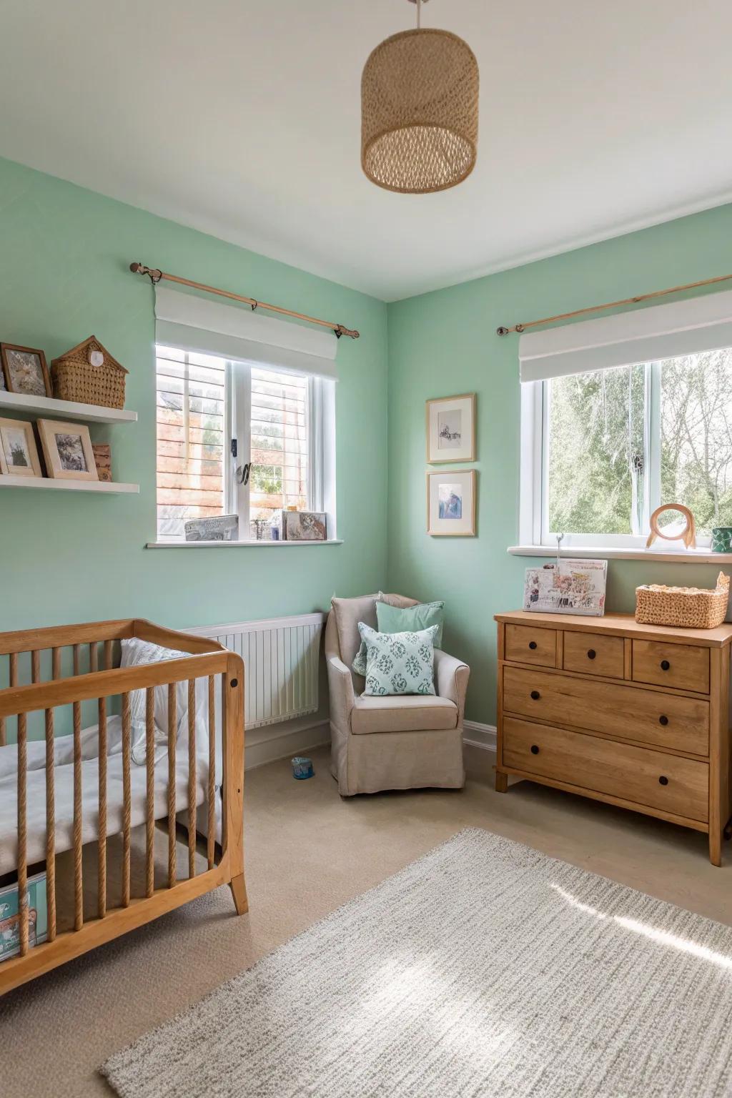 A vibrant nursery enhanced with modern spearmint green shades.