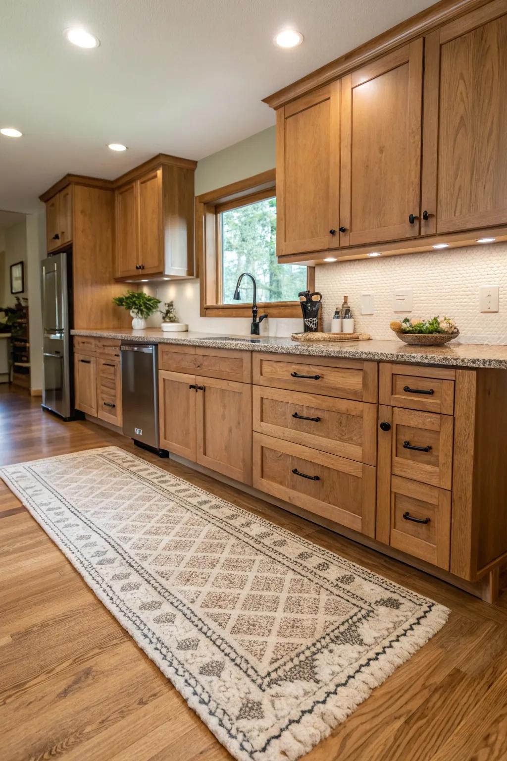 Rugs enrich warmth and design to oak kitchen floors.