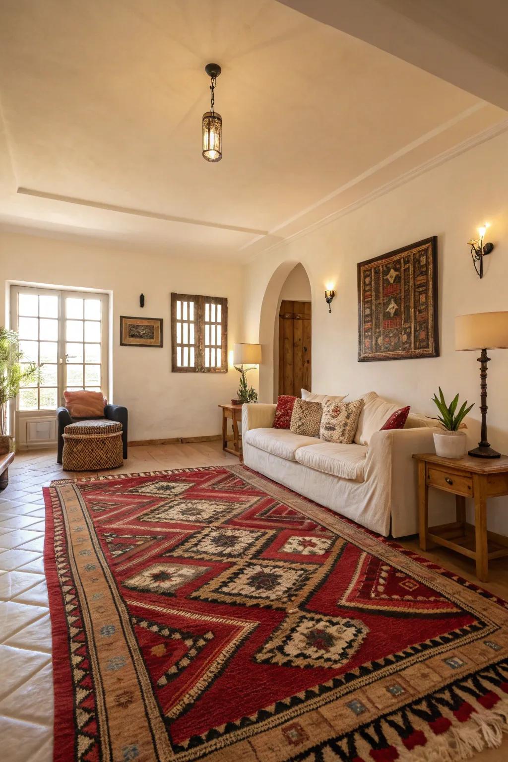 Bold patterns add unexpected style to an off white room.