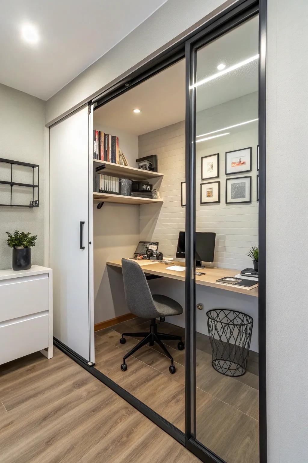 Use a sliding door to separate your workspace and save space.