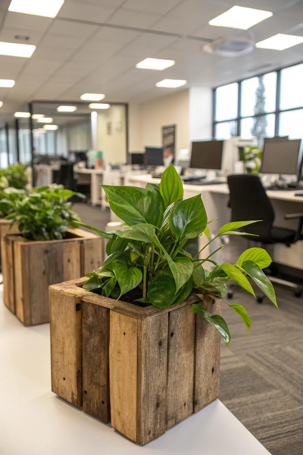 Add warmth with rustic wooden planters.