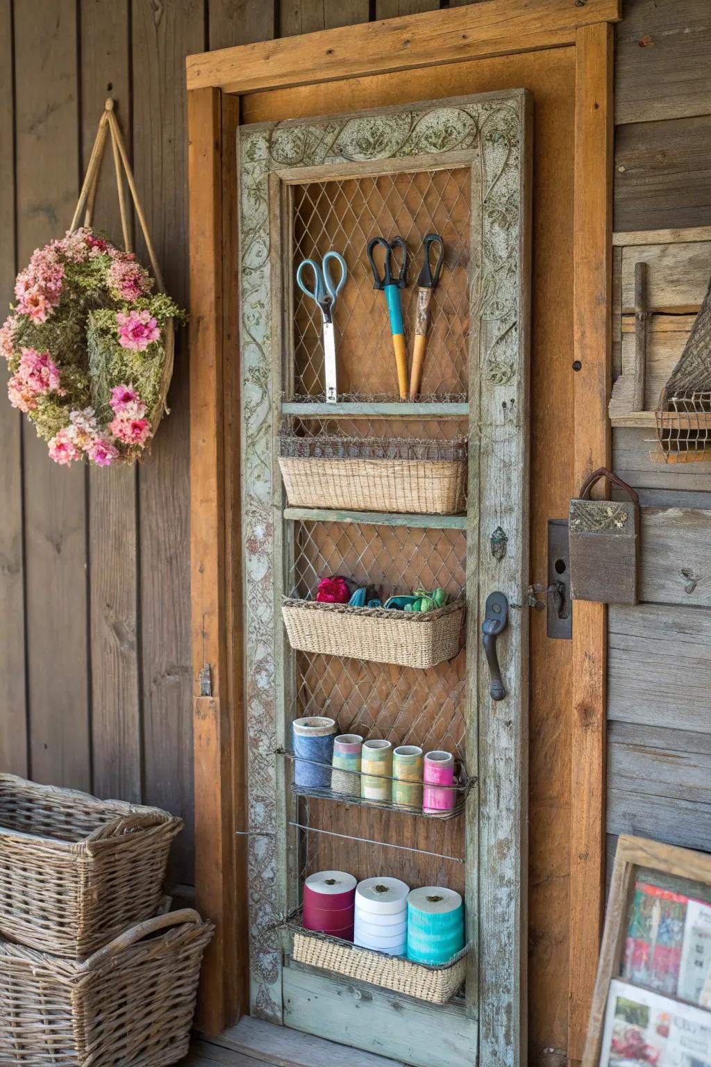 Transform nostalgia into organization with this vintage screen door art supply organizer.