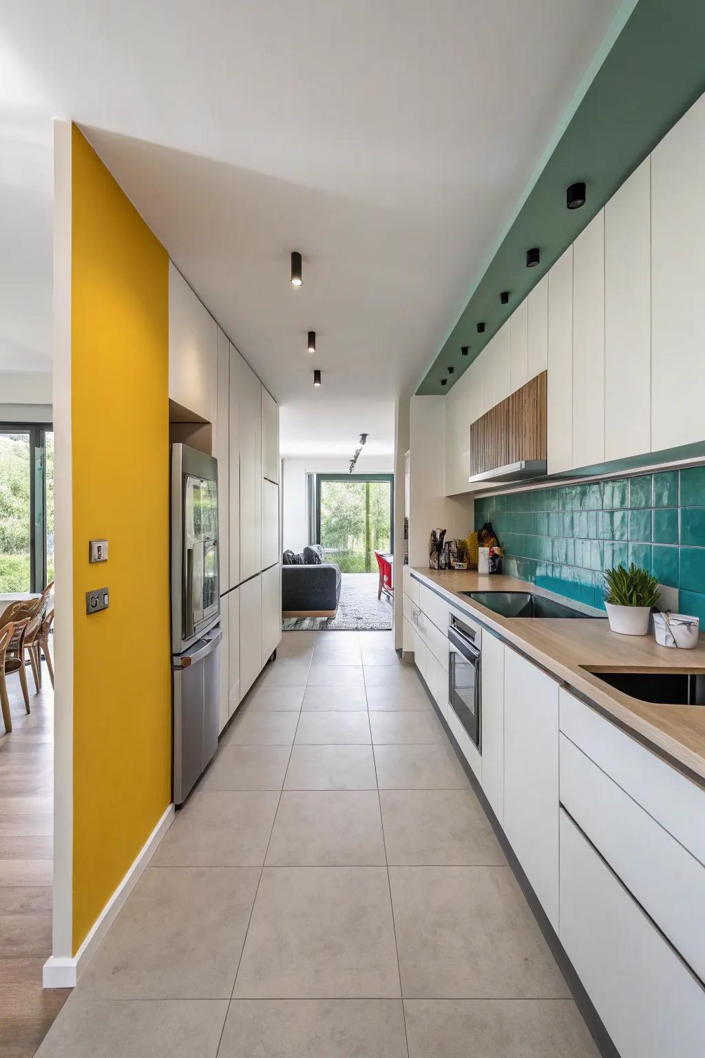 Hue segmentation delineates this single-wall kitchen in an open arrangement.