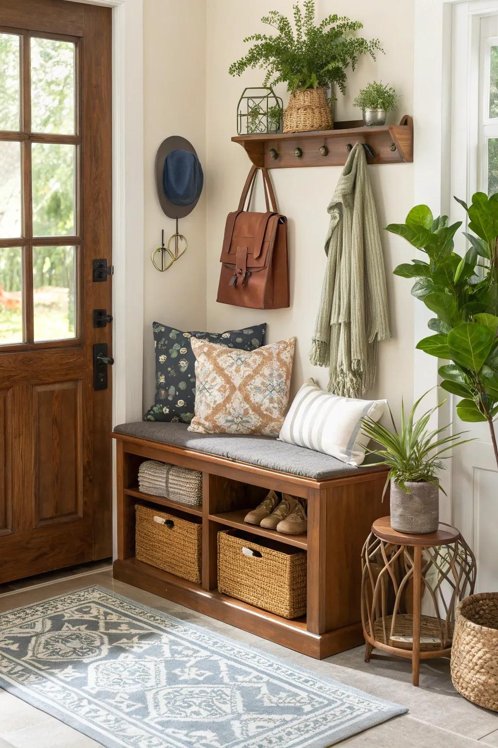 Multi-functional decor in an entryway maximizes space and utility.