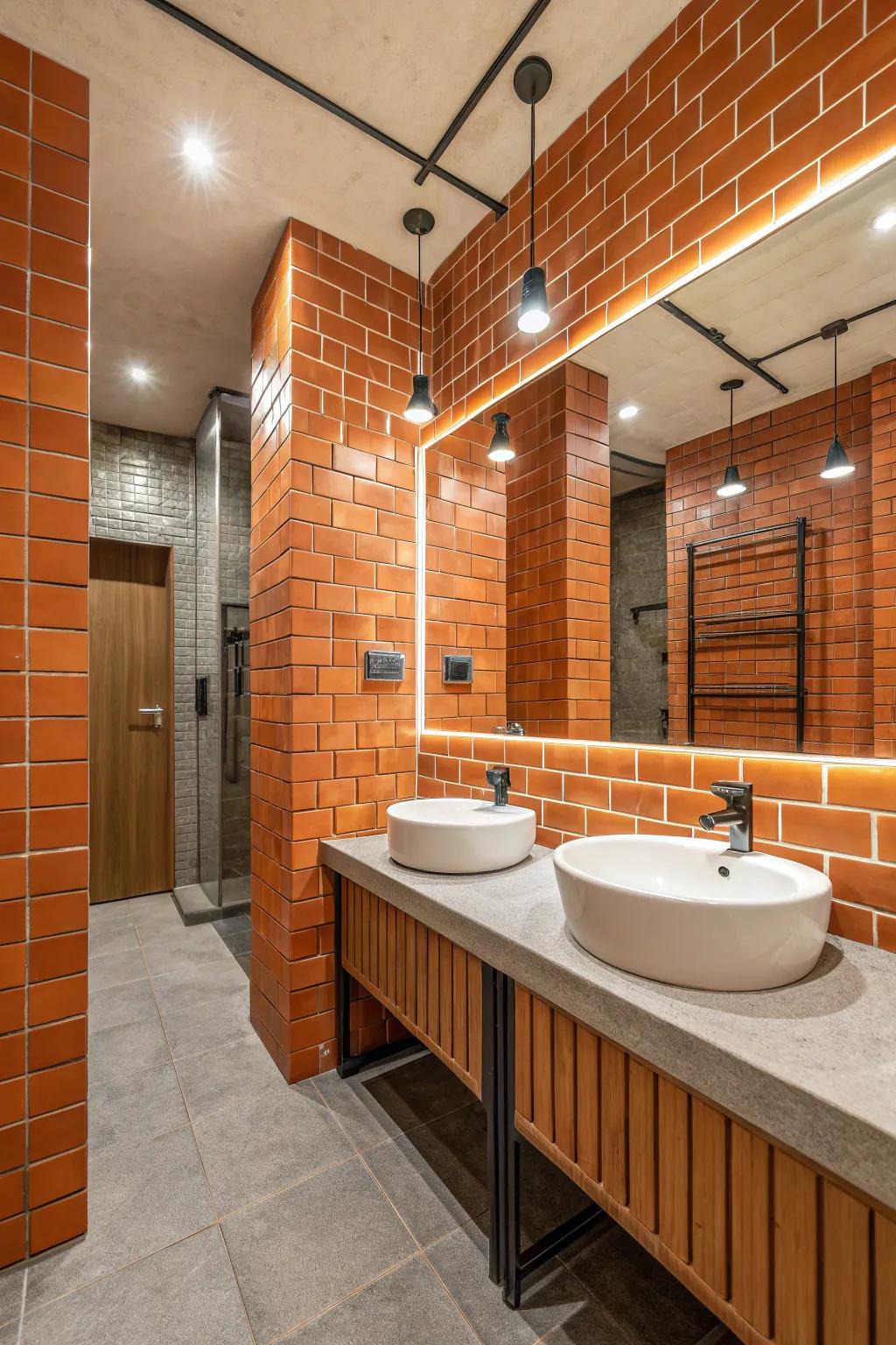Orange brick-like pieces impart an urban chic texture to the bathroom.