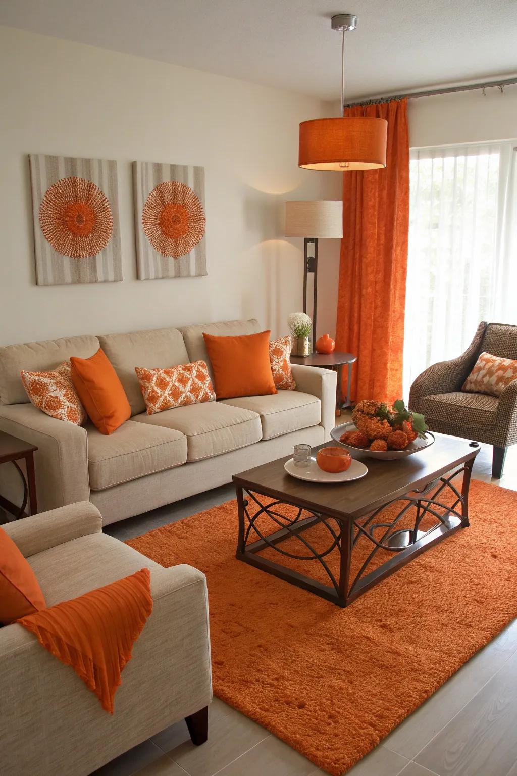 Orange features in unexpected spaces inject a unique and playful touch.