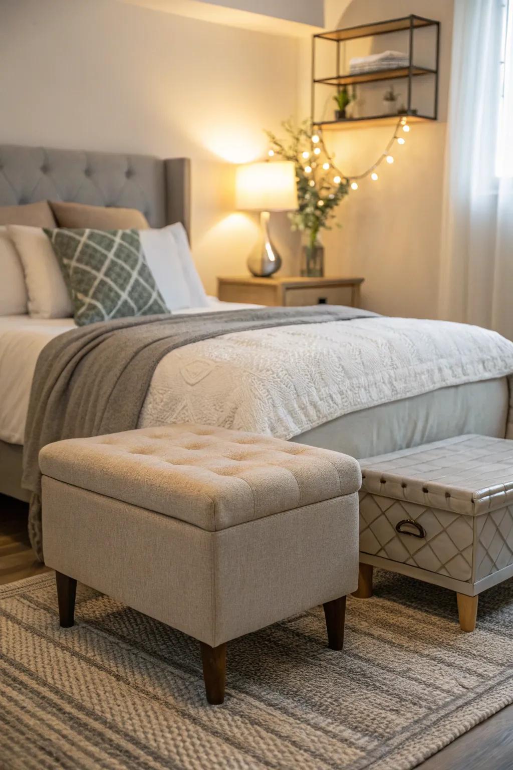 A petite ottoman doubles as a stylish bedside companion.