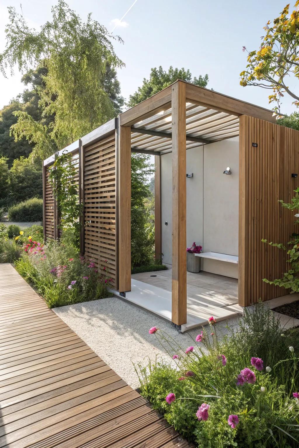 Untreated timber slats fashion an open and modern changing space.