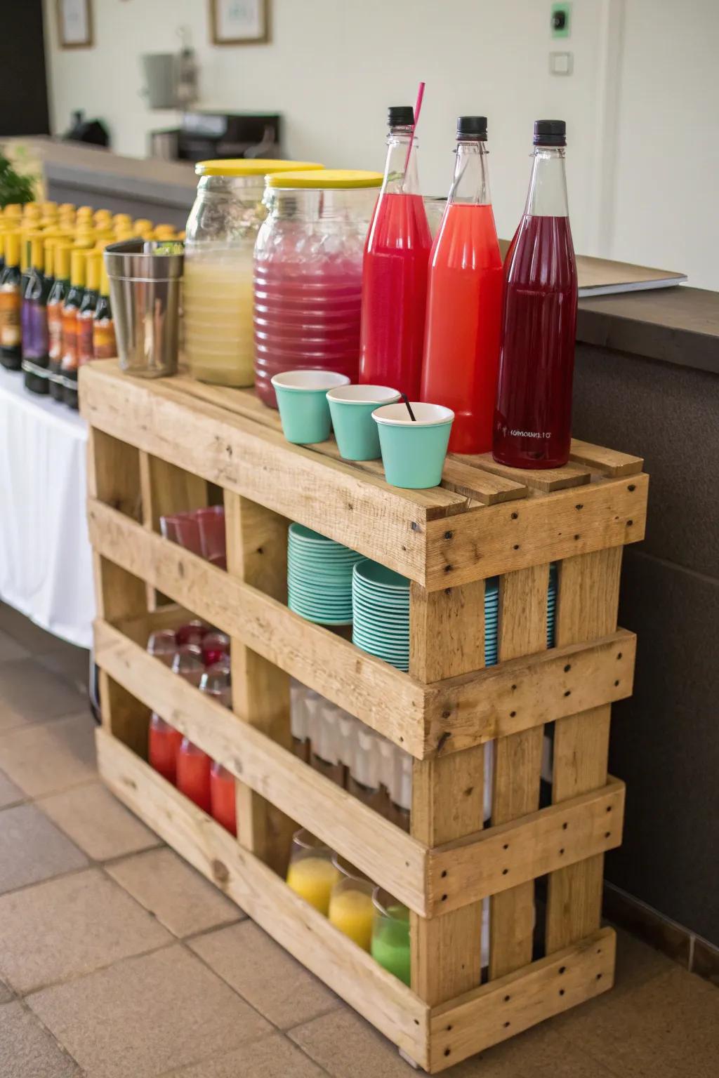 A lumber cargo skid is a budget-friendly drink station.