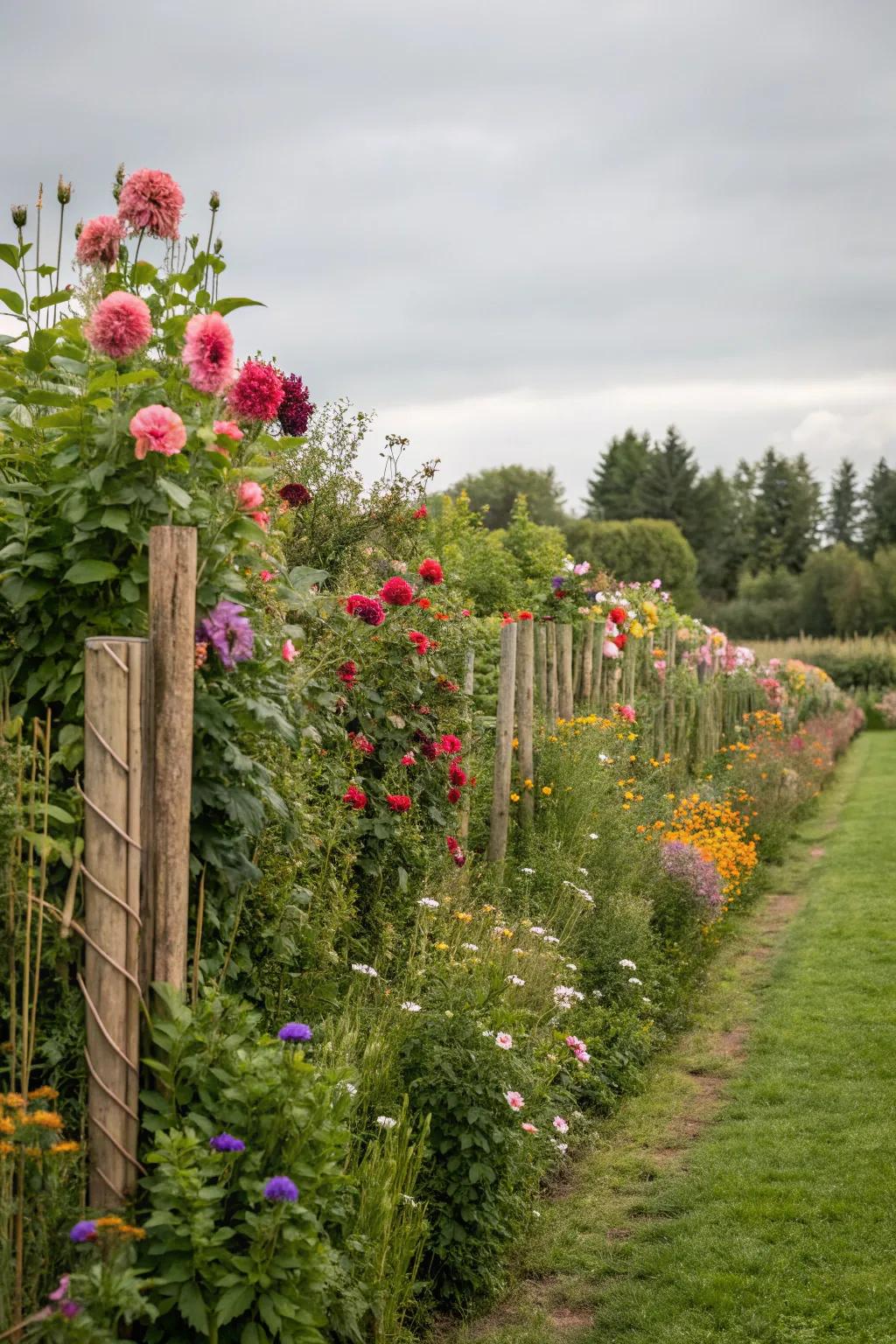 Tall flowering plants creating a stunning natural screen within the garden.