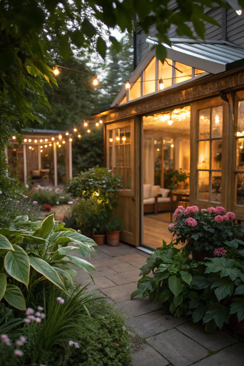 Ambient lighting enhancing the ambiance of a garden location.