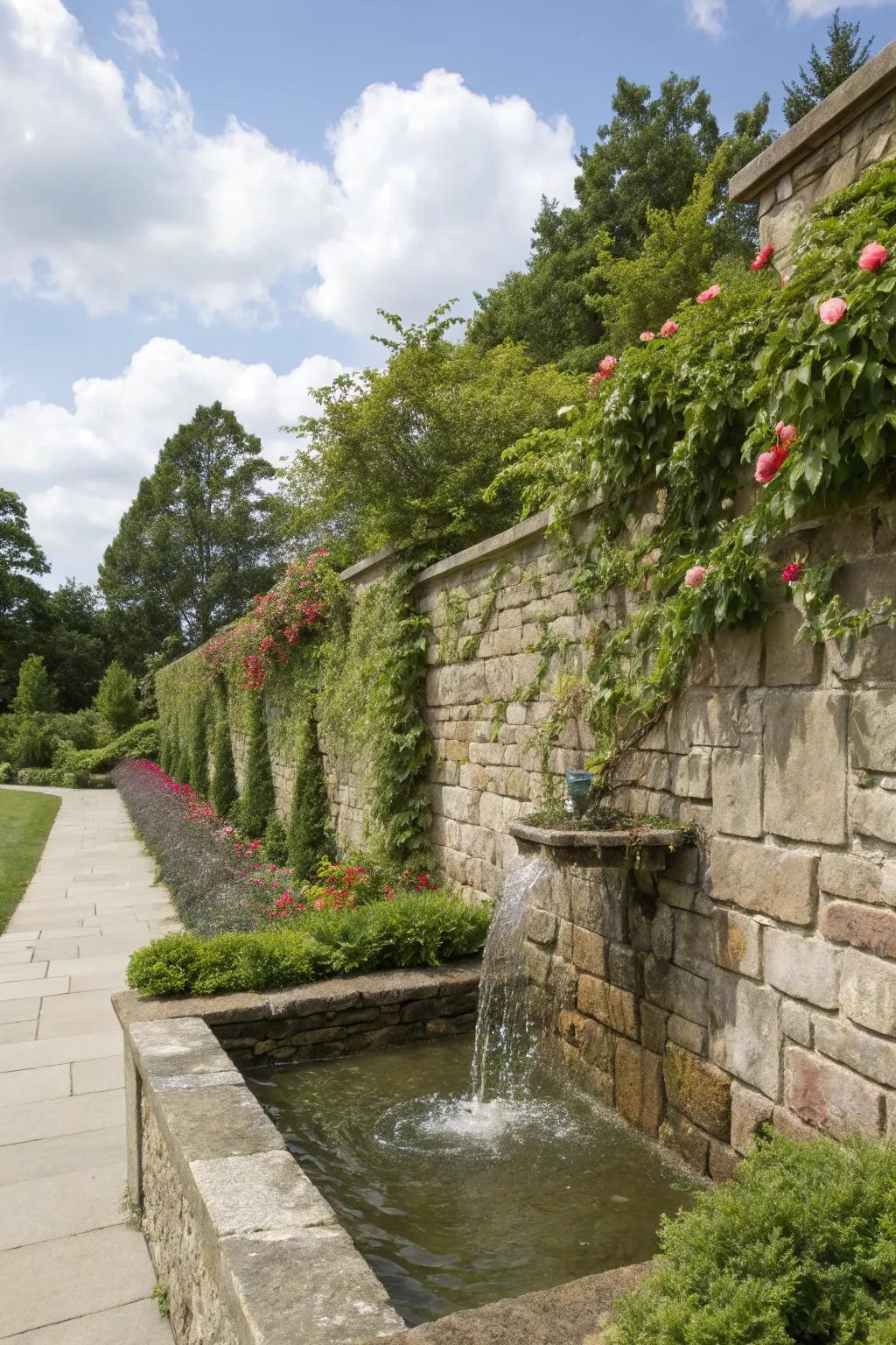 Water features matched with stone walls enhance tranquility.