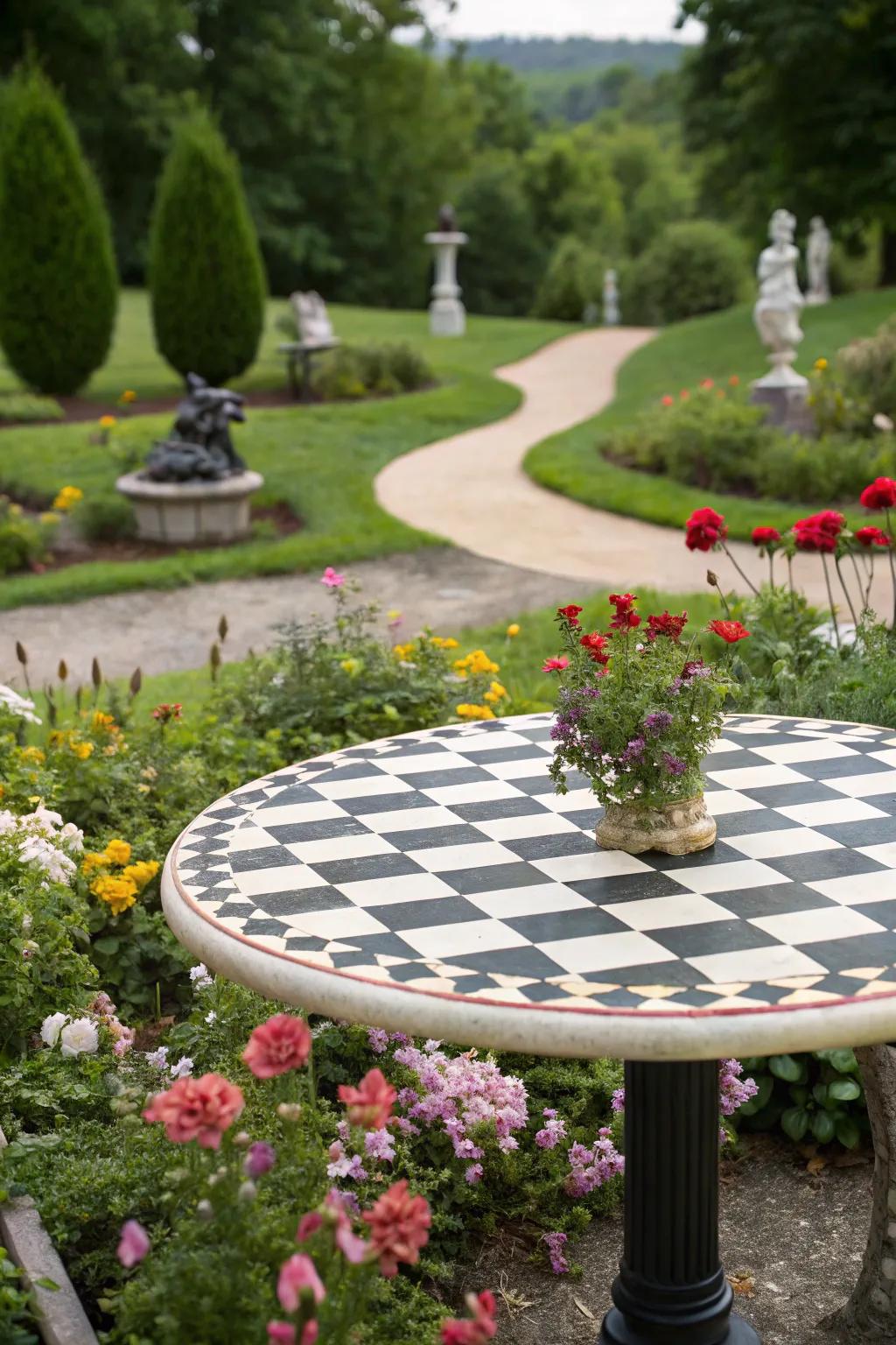 Checkerboard table tops add a playful, interactive element to outdoor gatherings.