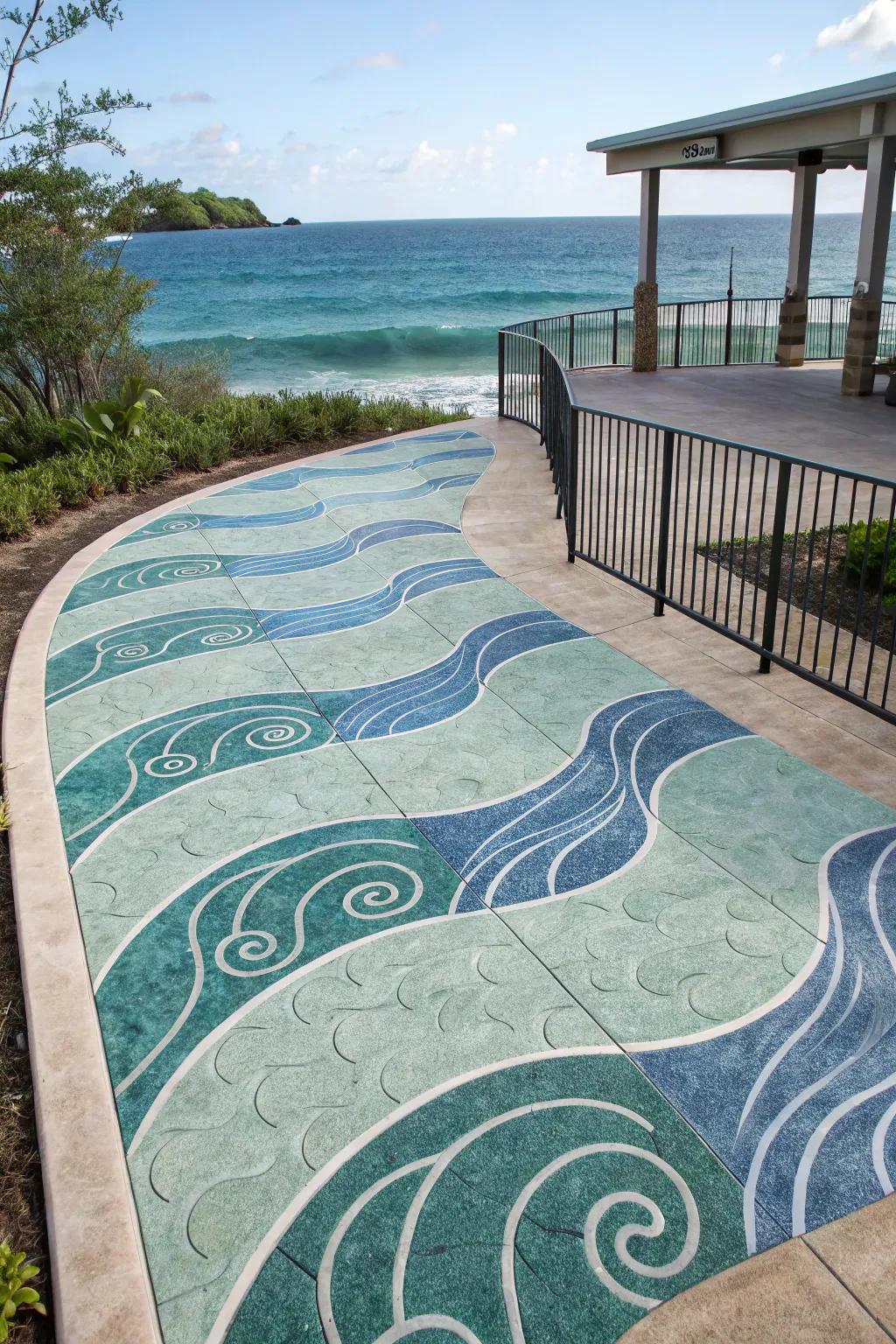 This patio space is given a coastal vibe by wave patterns.