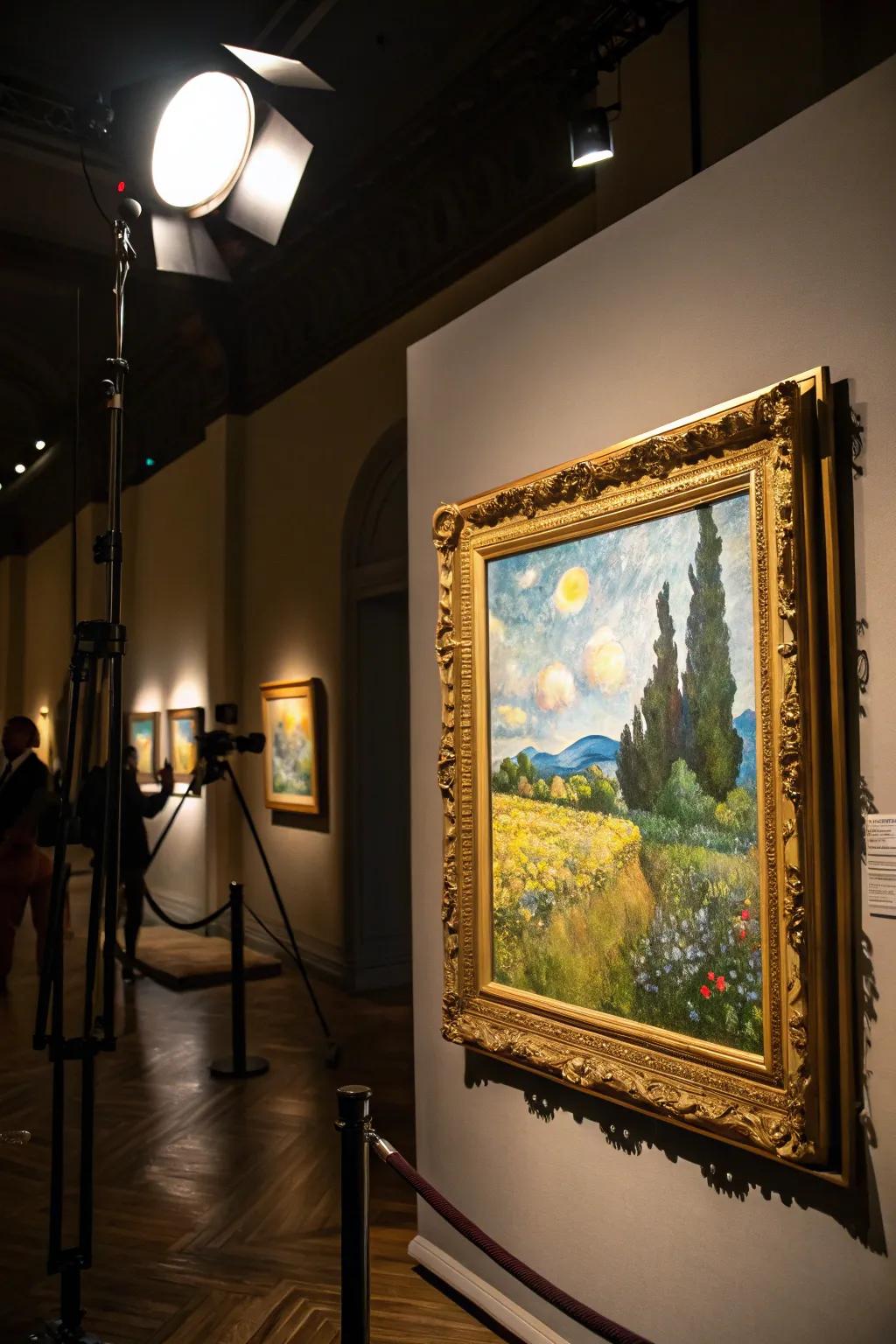 Spotlight illumination enhances an enclosed painting.