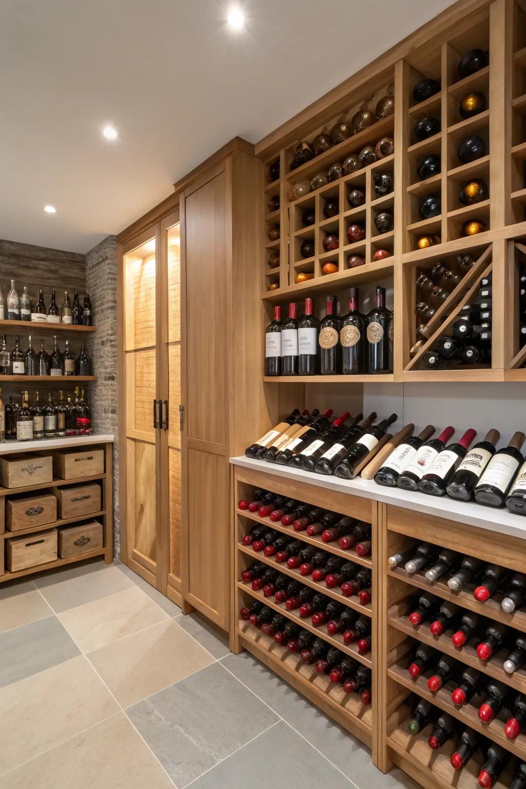 A pantry with a stylish area for wine lovers.