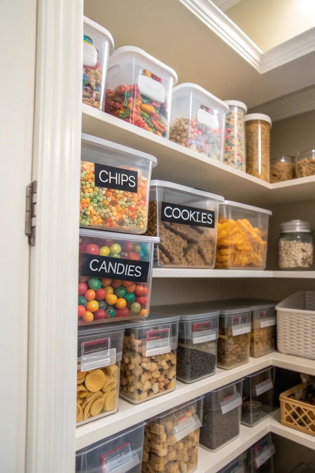 Tiered bins in a pantry offer arranged storage for snacks and small items.