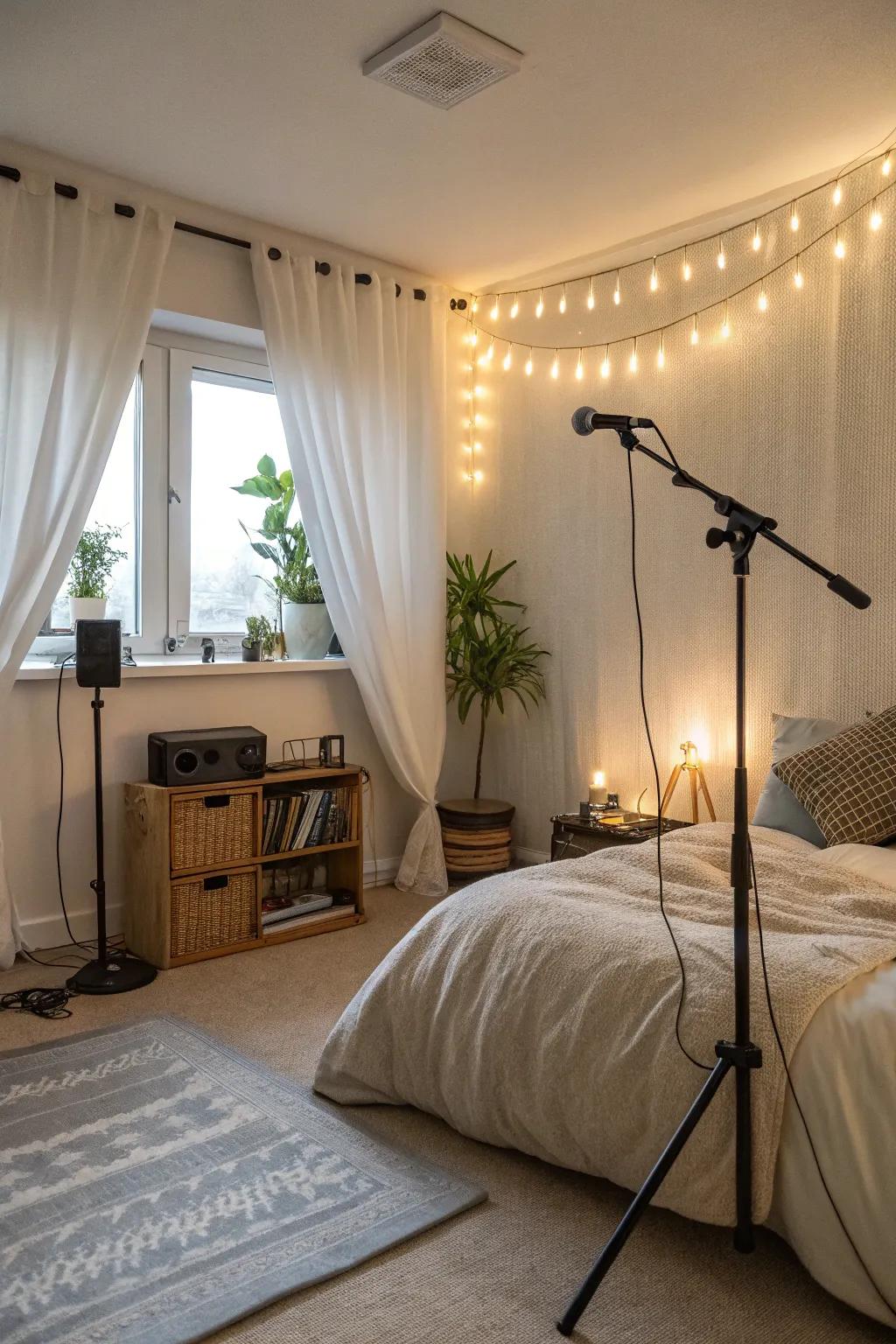 Musical ambiance establishes a serene atmosphere.