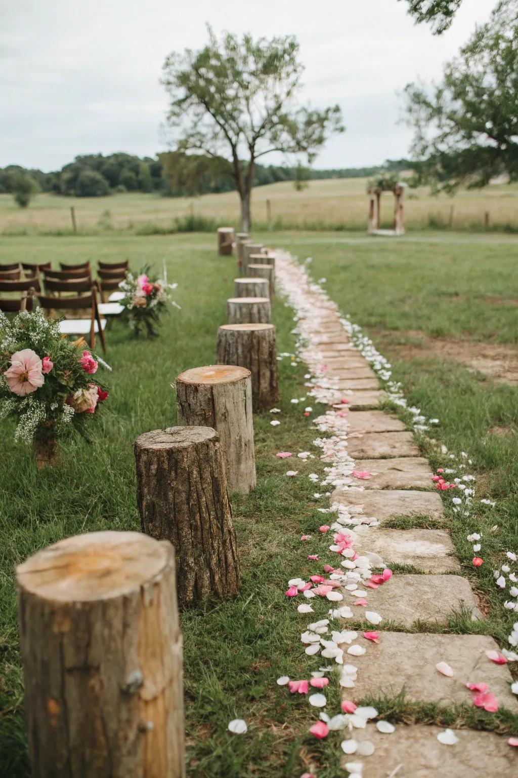 A wedding pathway beautifully decorated with nature-inspired elements.