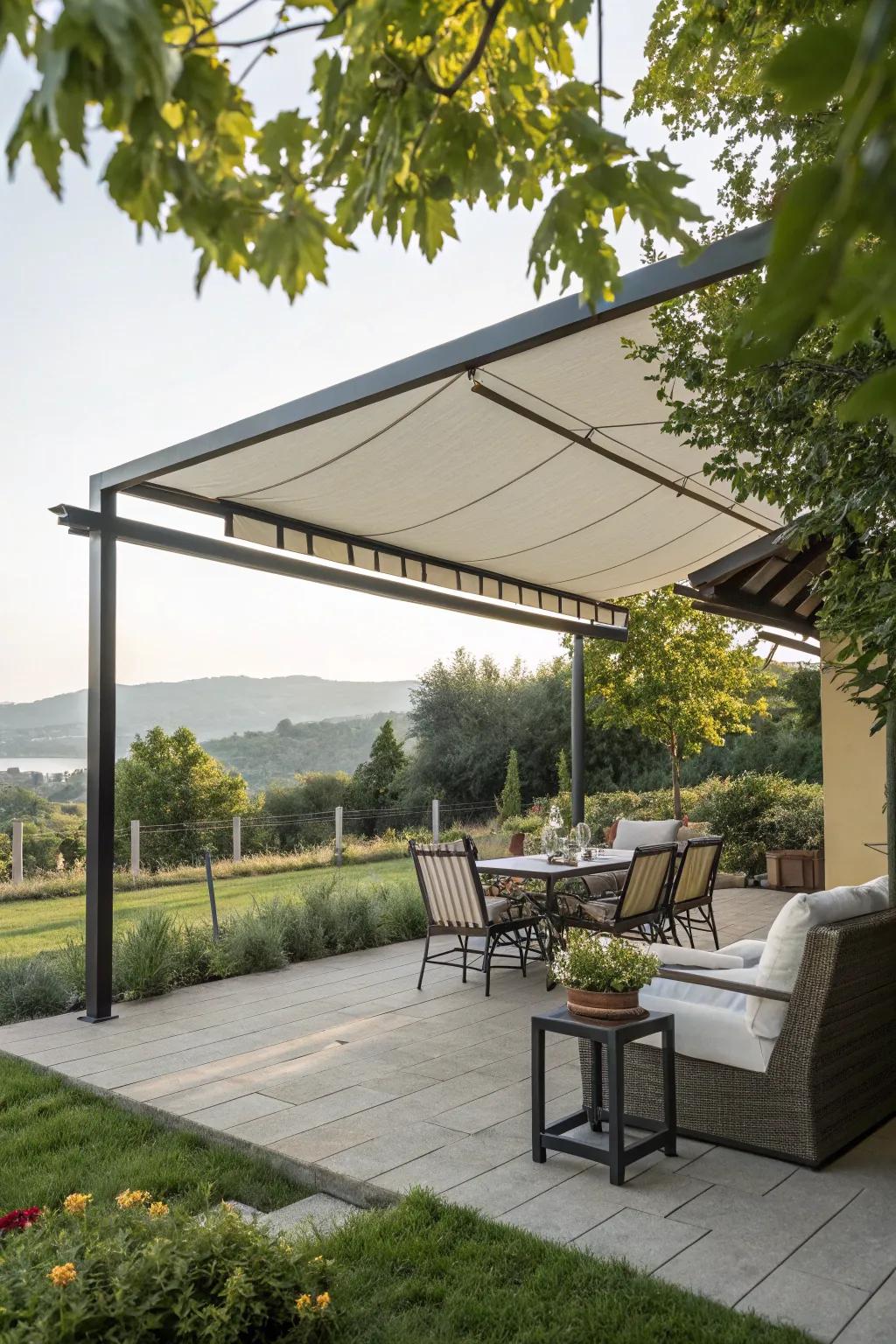 Projecting awnings provide shade while maximizing patio space.