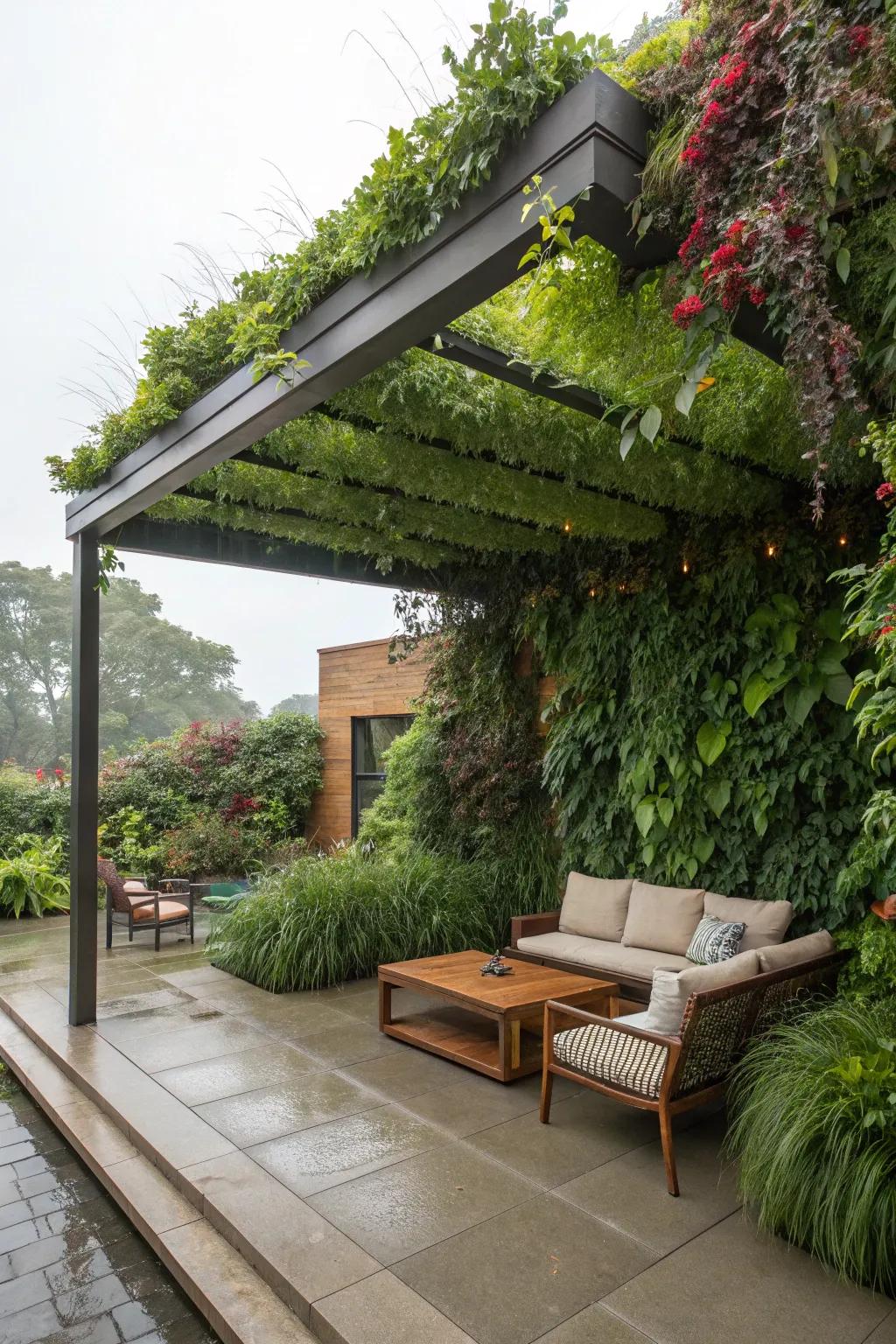 Verdant wall canopies blend greenery with rain safeguarding.