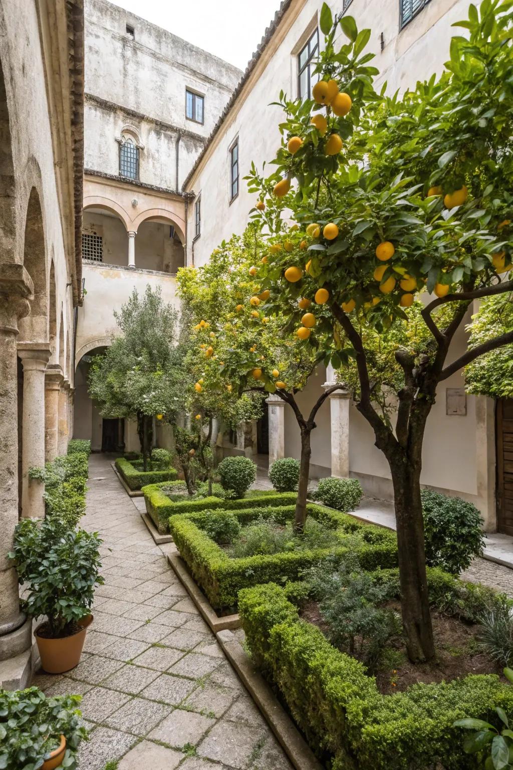Citrus trees bring a sunny Mediterranean vibe and aromatic delight.
