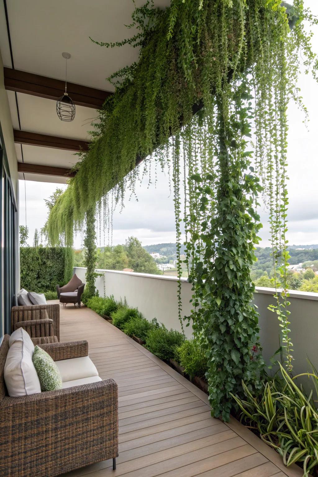 Interweave seclusion with nature leveraging hanging greenery.