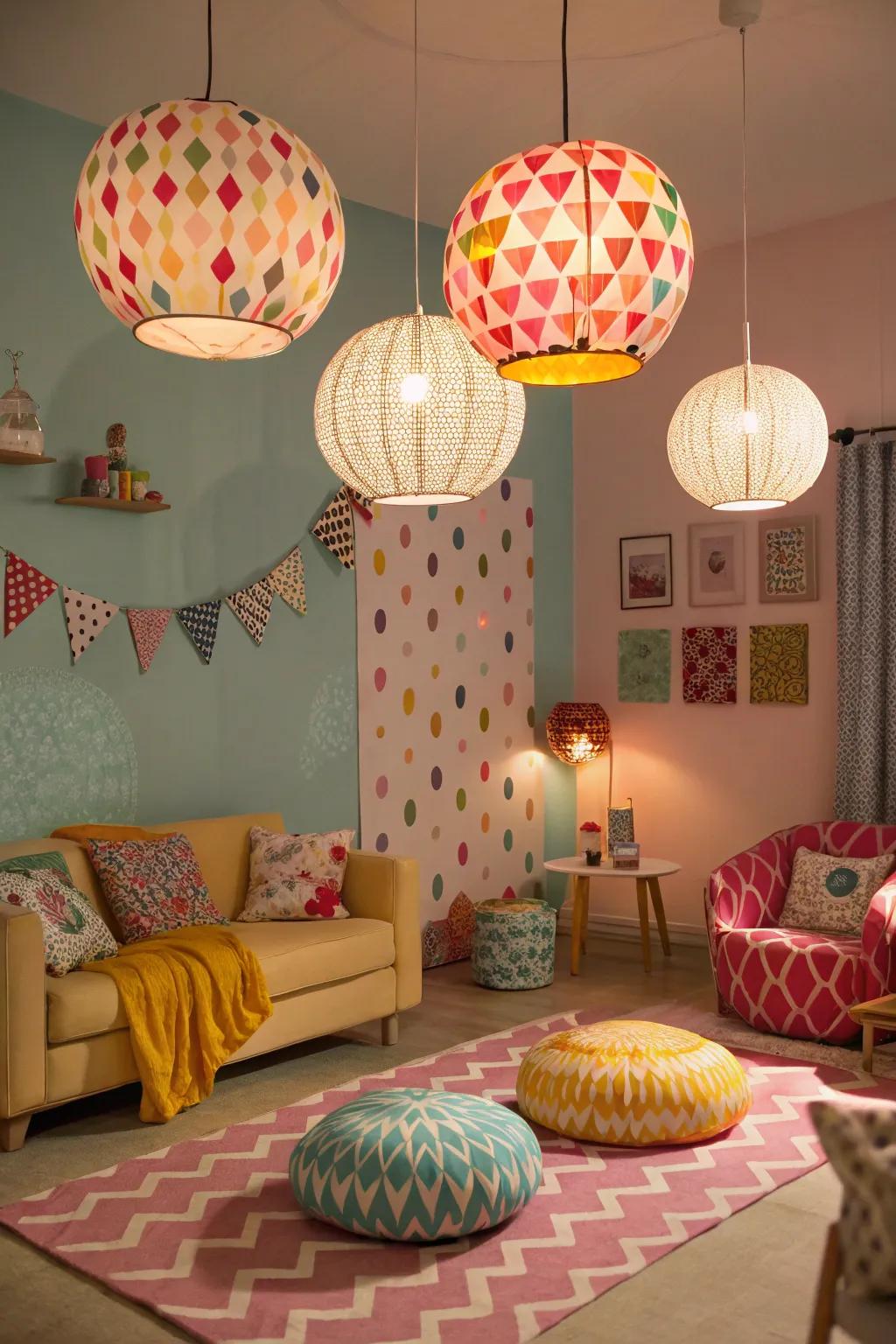 Motif pendants append a whimsical nuance to your expanse.