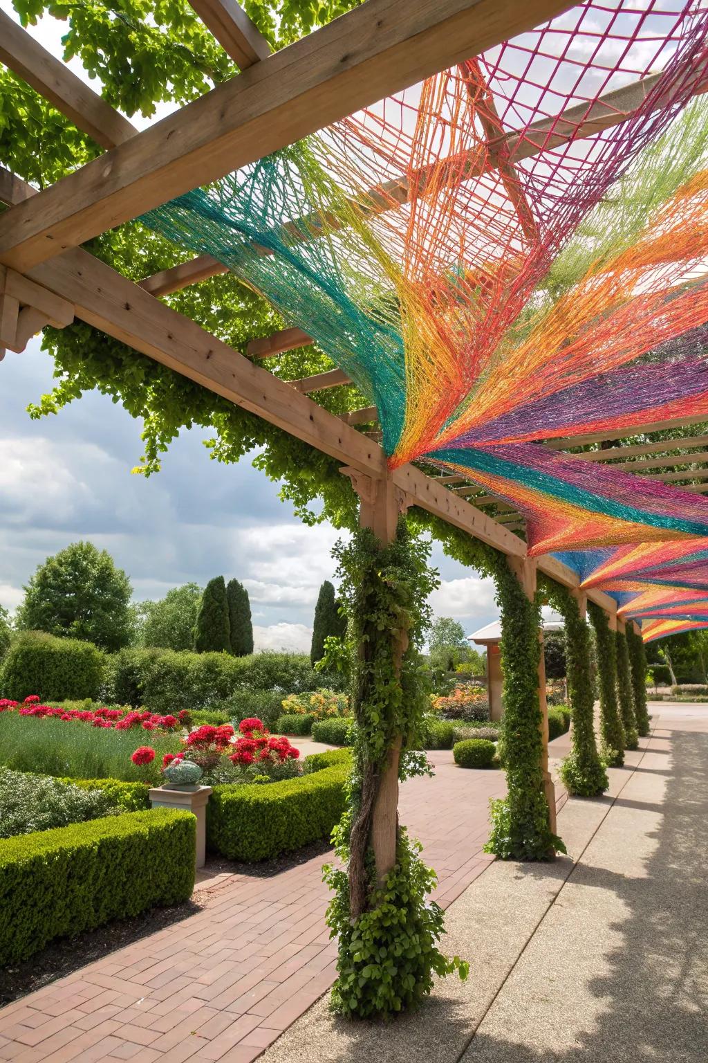 Garland artistry contributes a modern, artistic vibrancy across your pergola.