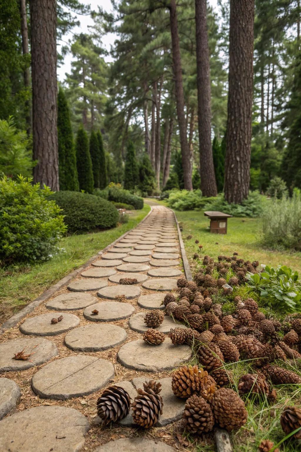 Pinecones define lovely, natural walking paths.
