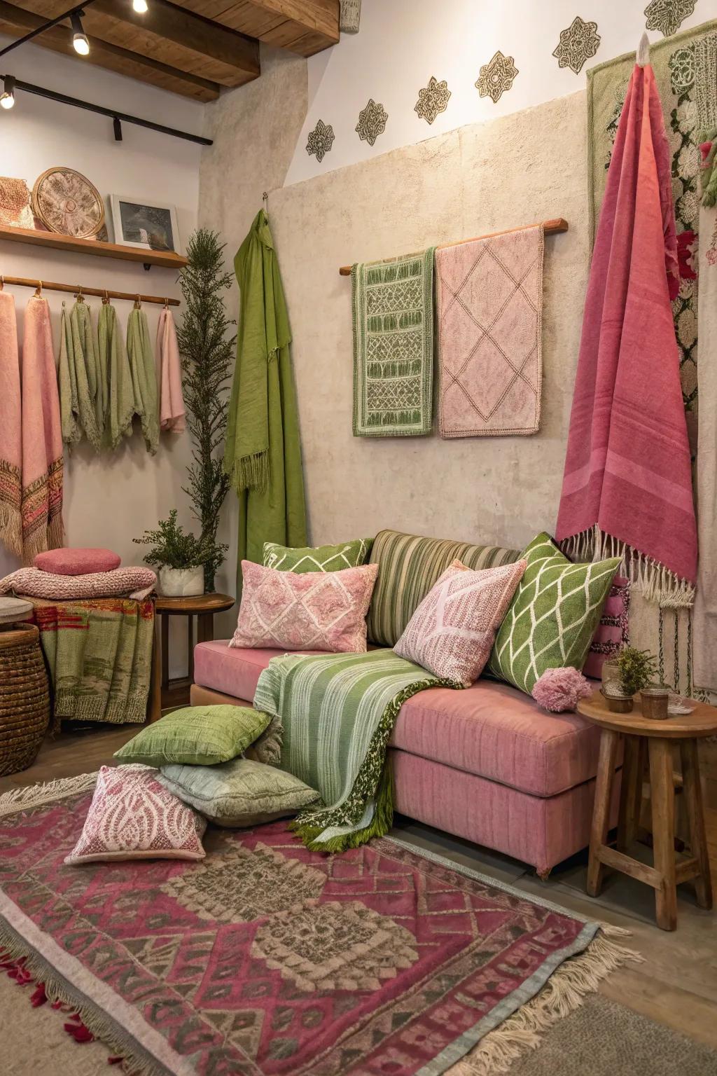Eclectic fabrics in pink and green add warmth and personality.