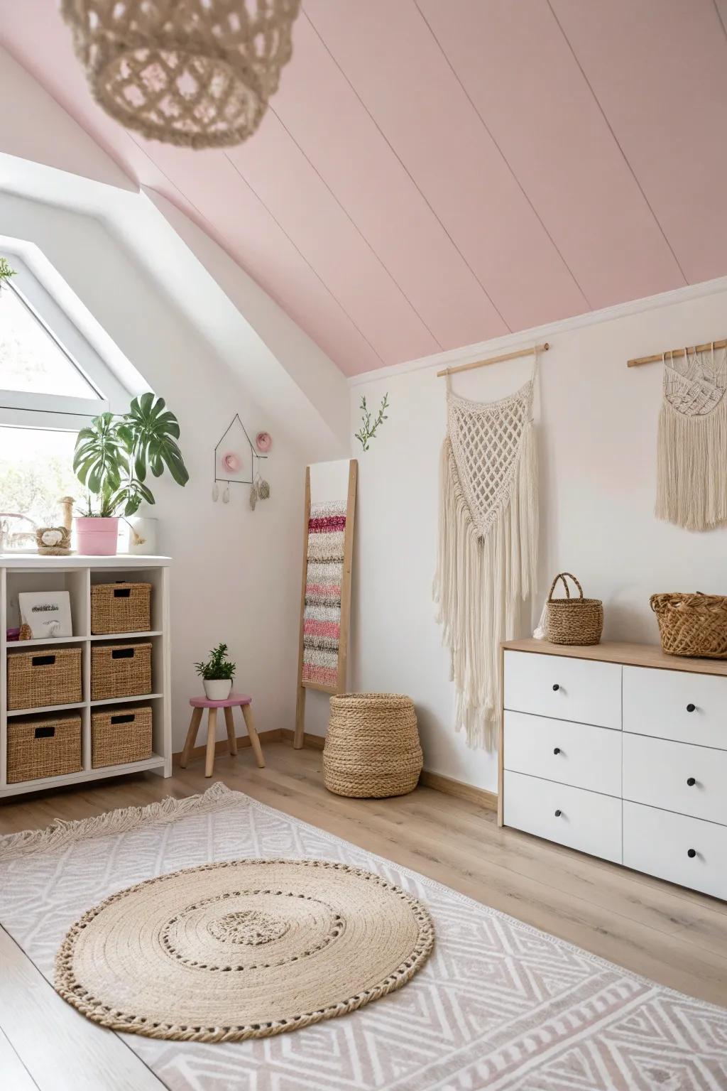 Elevate your creative space with a hint of rose elegance on the ceiling, combining Scandinavian simplicity with boho allure.
