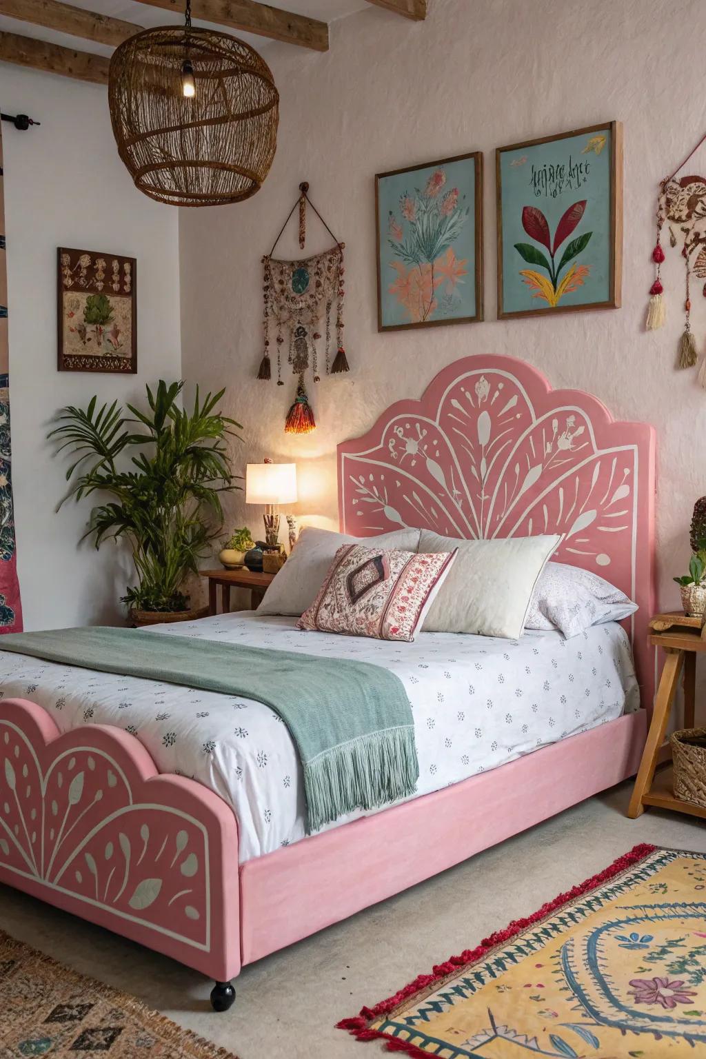 A unique and captivating room with a drawn rosy headboard.