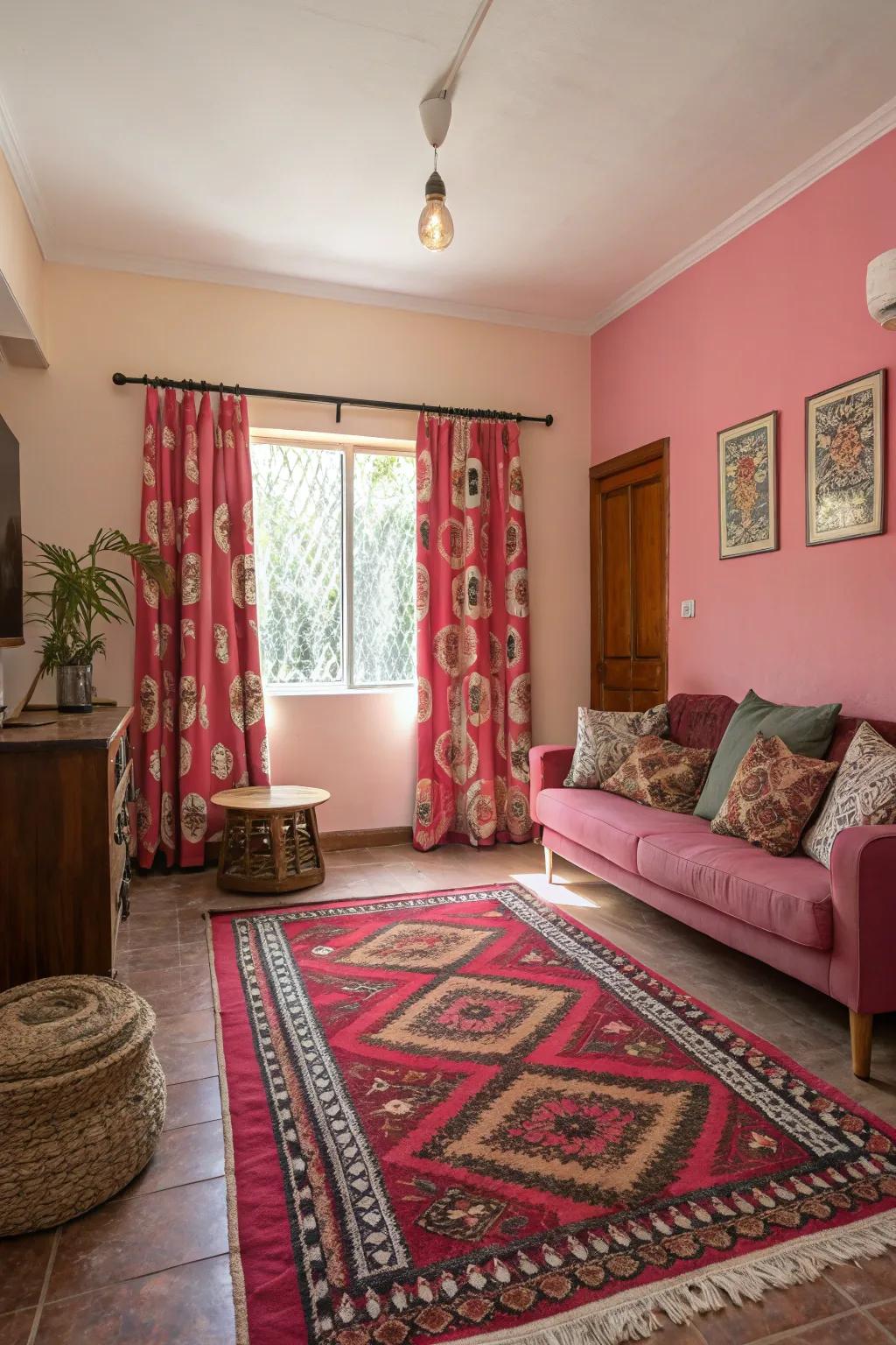 Striking designs against rose enhance visual intrigue.