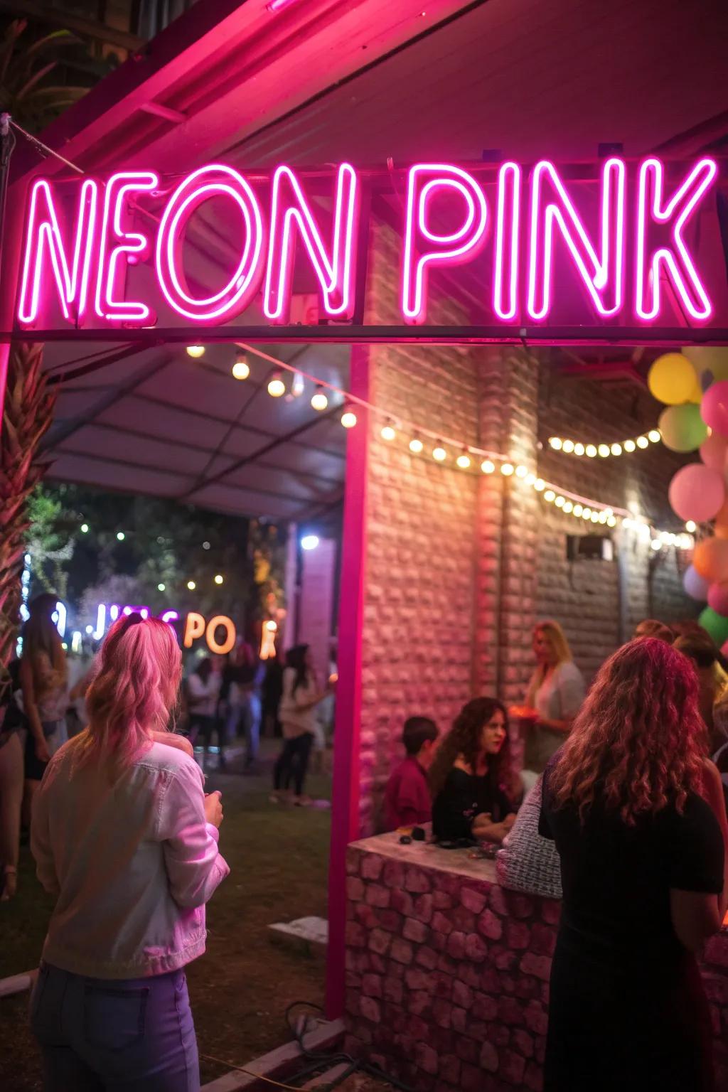 A neon rosy sign introduces flair and glam to the party decor.